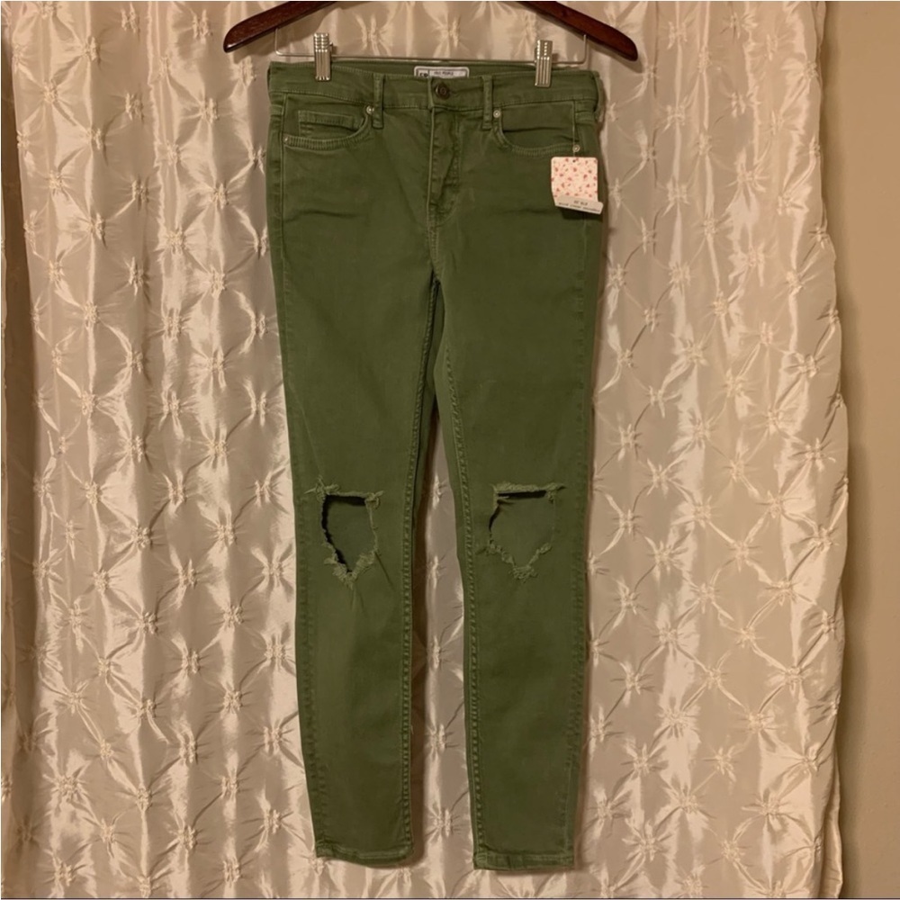 Free People High Rise Busted Olive Green Distressed Skinny Jeans - Picture 4 of 15